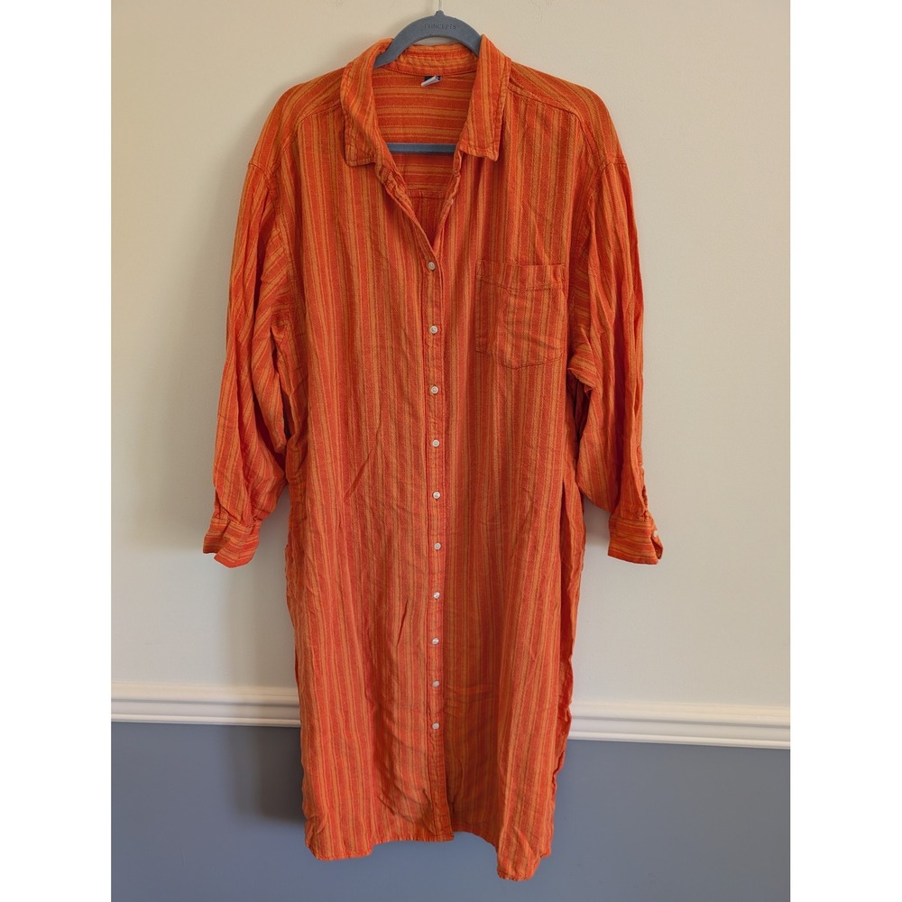 Old Navy Womens XXL Orange Striped Linen Blend Button Down Shirt Dress beachy